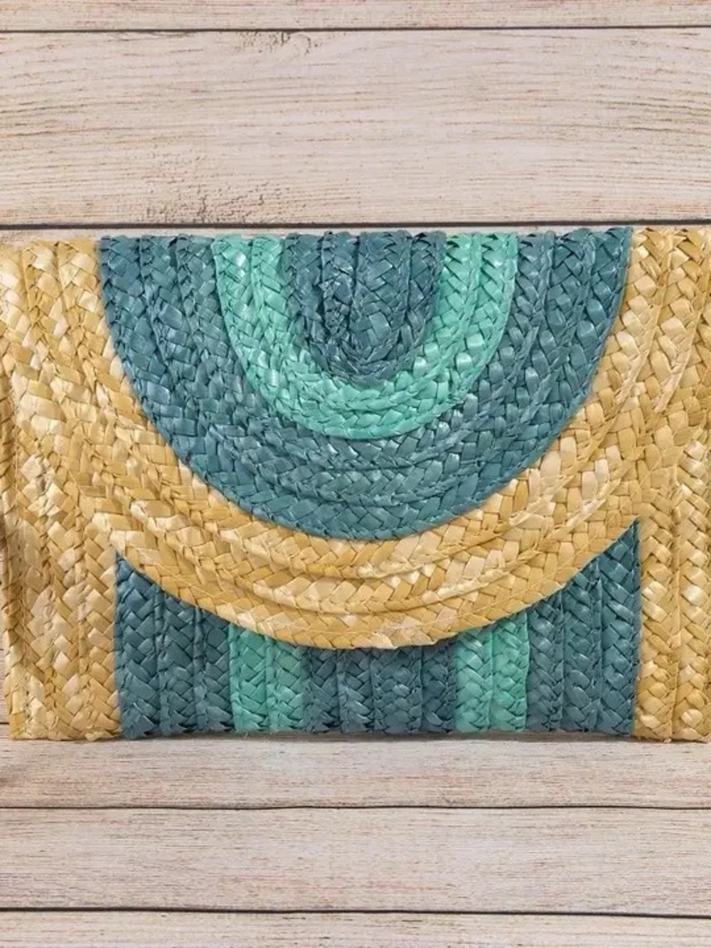Striped Teal & Mint Woven Straw Clutch with wristband and shoulder strap